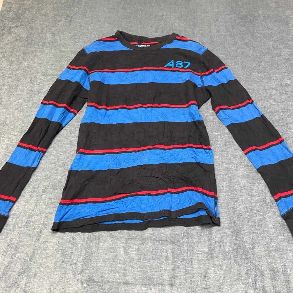 Aeropostale Thermal Knit Sweater Mens Medium Blue Black Striped Cotton Winter